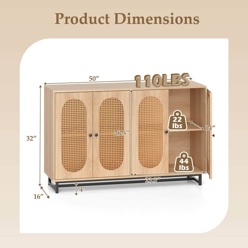 Costway 50" Buffet Cabinet with 4 Rattan Doors Adjustable Shelves - See Details