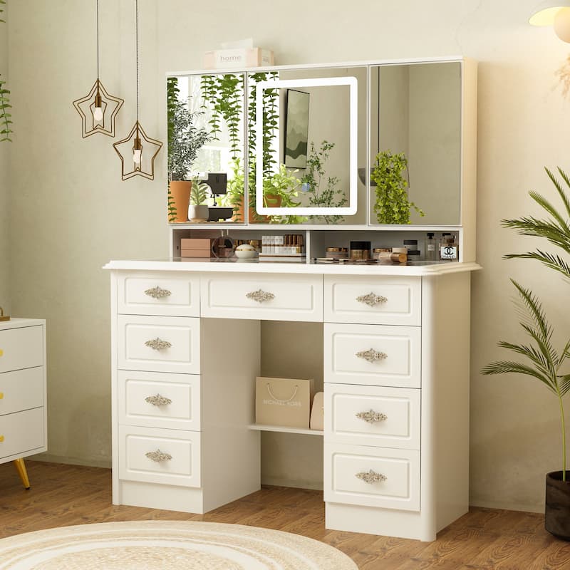 43.3"W Makeup Vanity White Vanity Desk with Hidden Storage Shelves