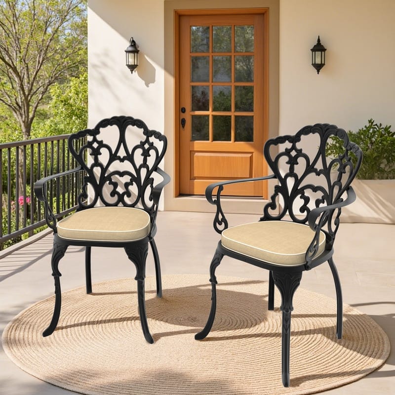 Black Cast Aluminum Patio Outdoor Dining Chairs with Off-White Seat Cushions (Set of 2)