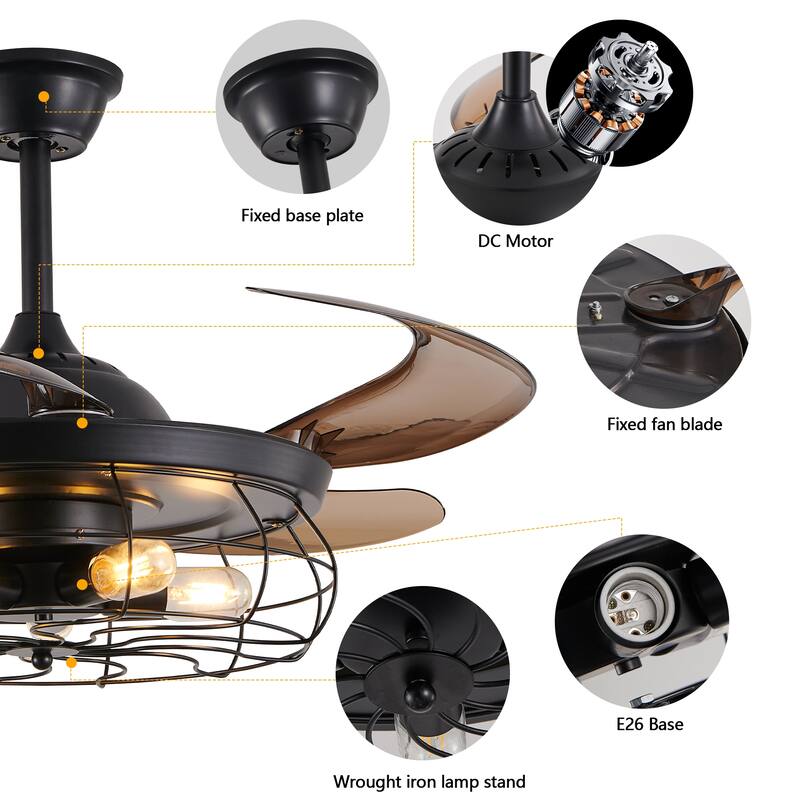 48 Inch Retractable Caged Ceiling Fan with Remote, Industrial 6-Speed/Reversible/DC Motor Ceiling Fan (Bulb Not Included)