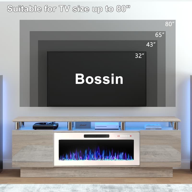 BOSSIN 70" Modern Electric Fireplace TV Stand, with Electronic Flame and LED Lights, High Gloss Finish Entertainment Center