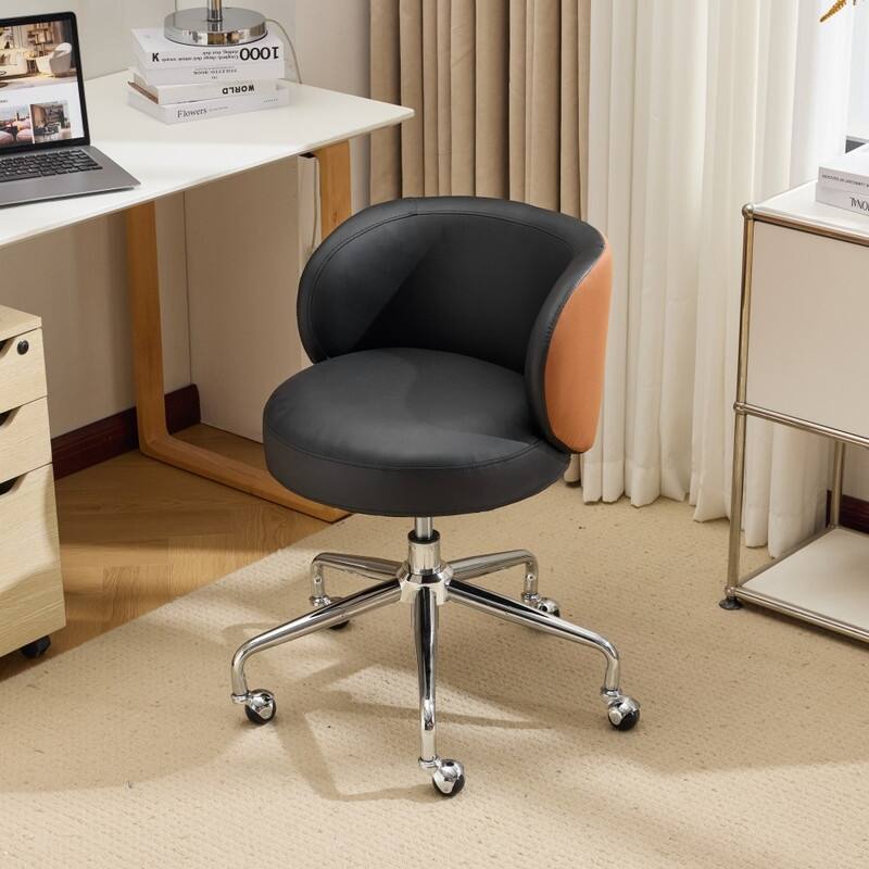 Modern PU Swivel Chair Armless Adjustable Rolling Office Desk Chair with Wheels and Backrest Support - N/A - Brown/Black