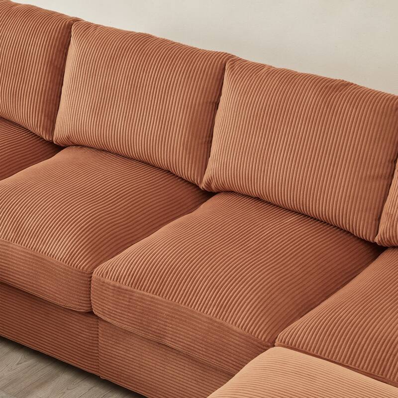 U-shaped corduroy sofa with removable footstool and storage armrests