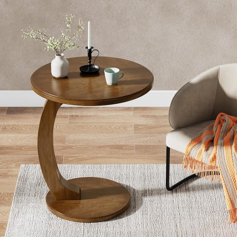 Solid Wood Round End Table Mid Century C-Shaped Side Table for Living Room & Bedroom