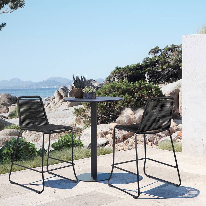 Shasta Black Steel and Rope Indoor Outdoor Bar Height Stackable Patio Bar Stools - Set of 2 - Bar Height
