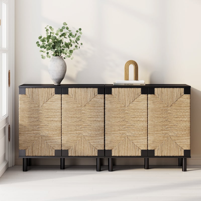 Nathan James Beacon Wood Accent Cabinet with Seagrass Doors and Adjustable Shelf - Black Set of 2