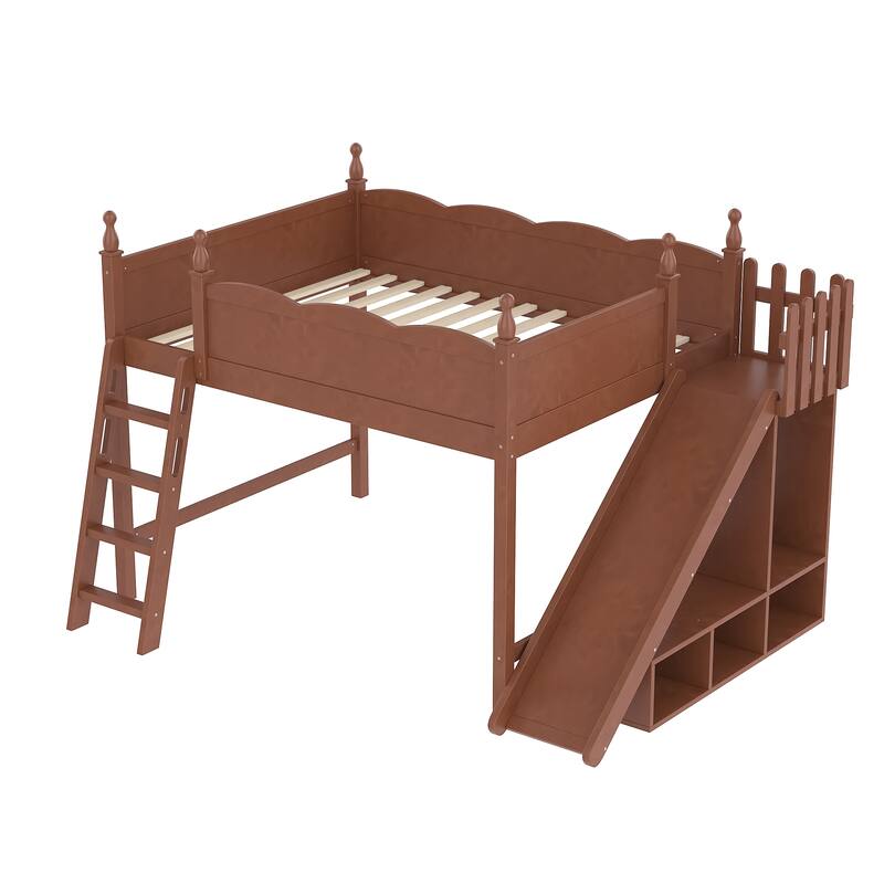 Queen Loft Bed with Storage Shelves and Wardrobe, Solid Wood Loft Beds with Detachable Slide and Ladders, No Spring Box Needed