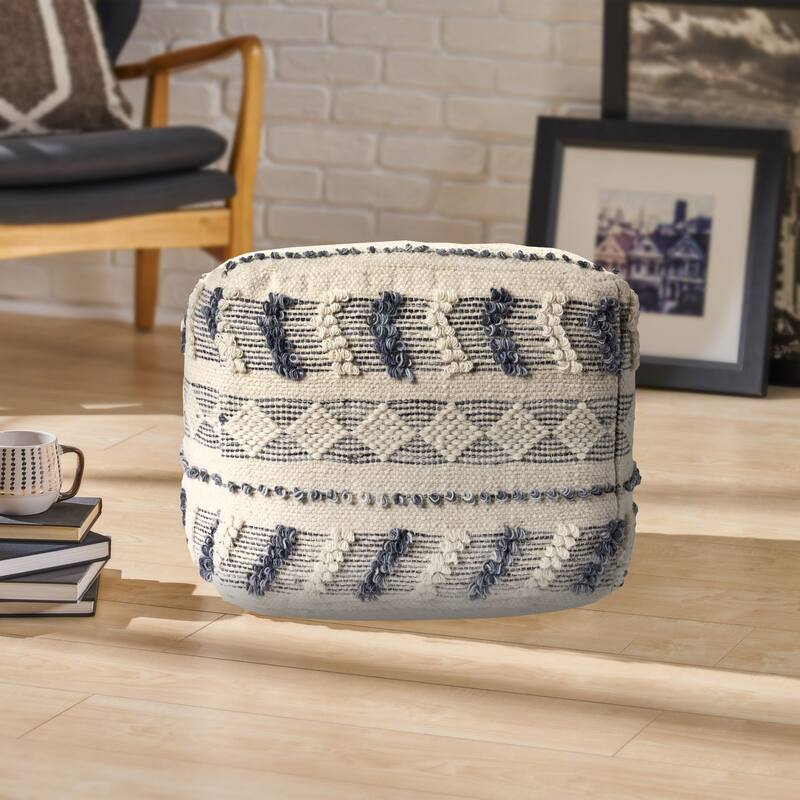 18" Cream and Navy Geometric Tufted Square Wool Pouf Ottoman
