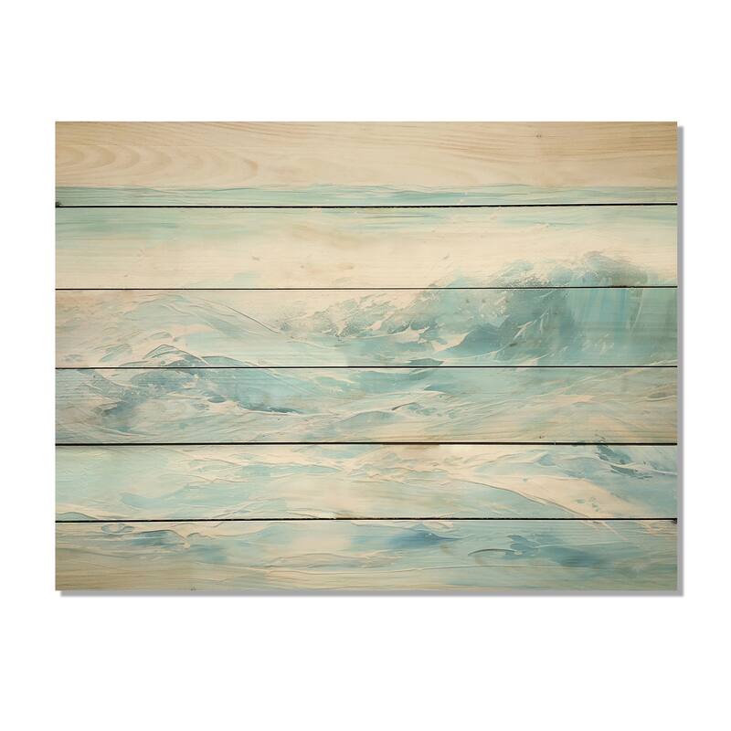 DESIGN ART "Blue And White Simplicity Beach" Coastal Waves Wood Wall Decor - Blue Wood Panel On Natural Pine Wood