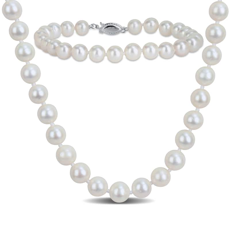 Miadora Cultured Freshwater Pearl Necklace and Bracelet Set in Sterling Silver