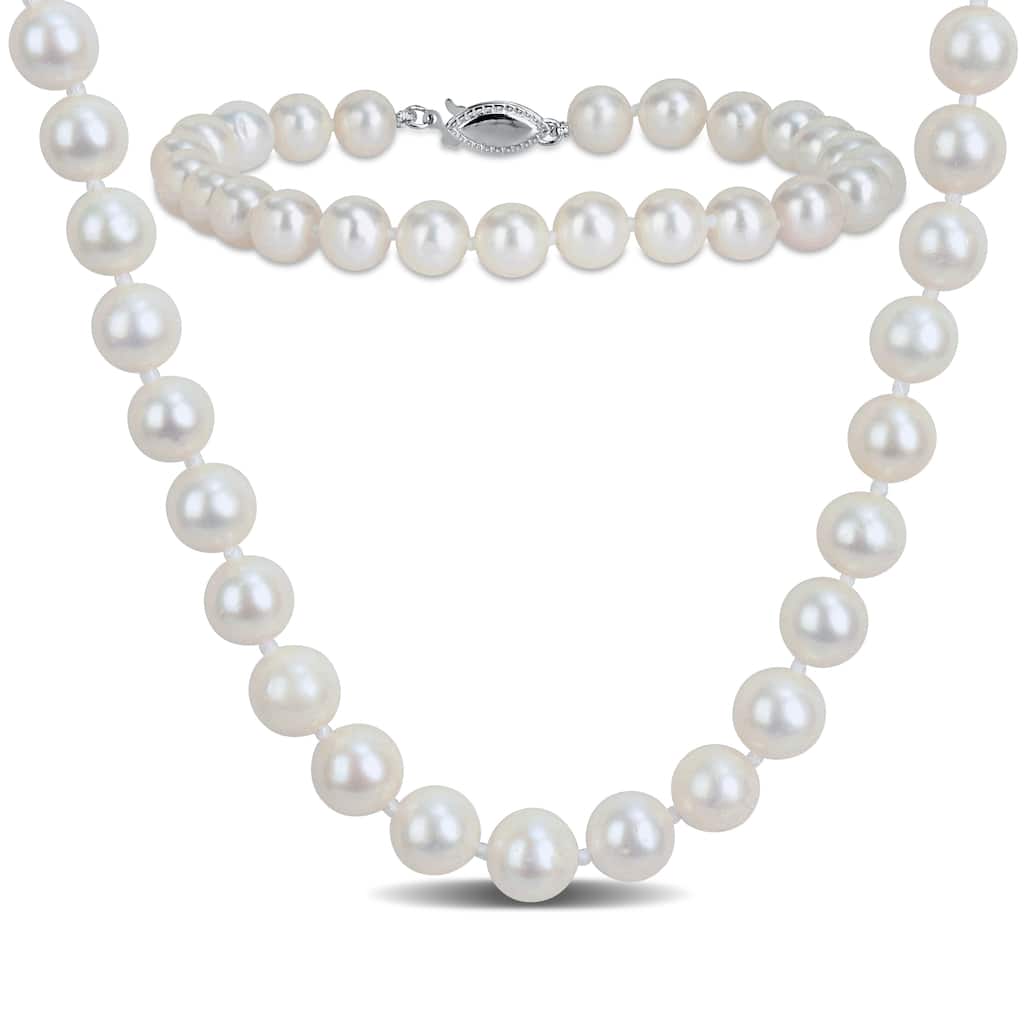 Miadora Cultured Freshwater Pearl Necklace and Bracelet Set in Sterling Silver