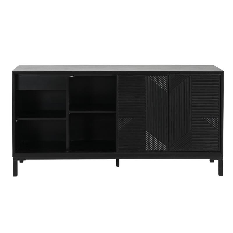 Geometric Accent Cabinet,Vertical Striped Design with Sliding Doors,High-Quality Wood Top and Ample Storage with Two Drawers
