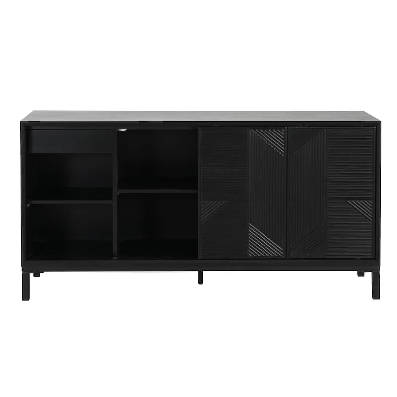 Modern Wood Geometric Accent Cabinet, 60" Vertical Striped Entryway Console Table with 4 Sliding Doors and 2 Drawers