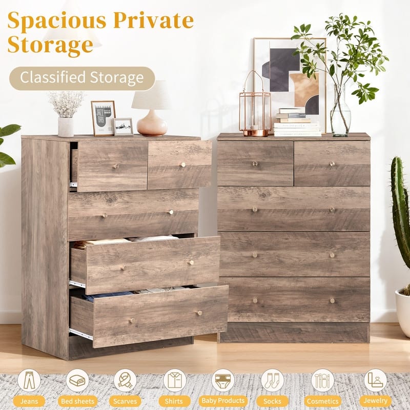5-Drawer Dresser For Bedroom And Chest Of Drawers With Sturdy Construction Wood Storage Organizer For Closet