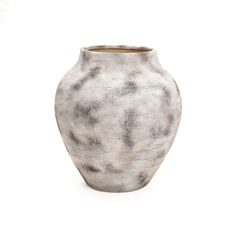Rustic Gray with Weathered White Finish Stoneware Vase, Vintage Pottery - 14.76" H x 13.78" Diameter