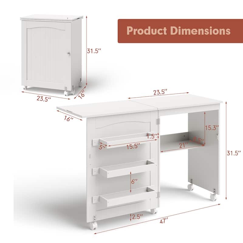 Costway White Folding Sewing Craft Table with Storage Shelves Cabinet - See details
