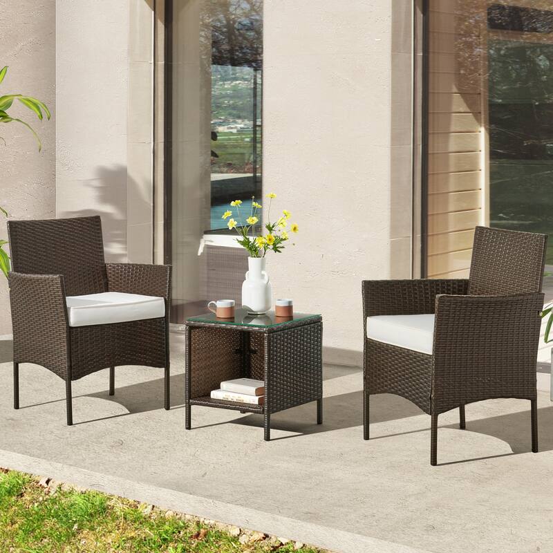 Patio Furniture Set - 3-Piece Outdoor Rattan Seating Set with 2 Cushioned Chairs and Table by Lavish Home (Brown)