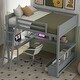 preview thumbnail 18 of 33, Full Size Loft Bed with L-shaped Multi-storage Desk, LED light & USB Charging Station, Wooden Loft Bed Storage Bench w/2 Drawers Gray