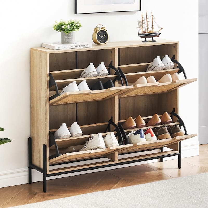 Natural Rattan 4 Flip Door Shoe Cabinet Organizer Freestanding, Modern Shoe Rack Storage Organizer - 39.4x9.4x34.6in
