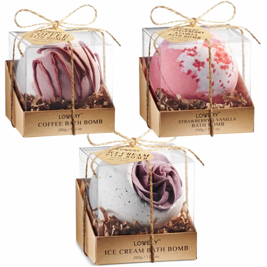 Lovery 3pc Hand Decorated Bath Bombs in Coffee, Strawberry & Ice Cream Scent - Multi-Scented - 3 pc