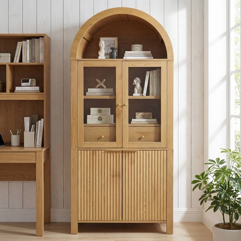 71" Tall Fluted Arched Pantry Cabinet with Glass Doors and Adjustable Shelves for Elegant Kitchen Storage