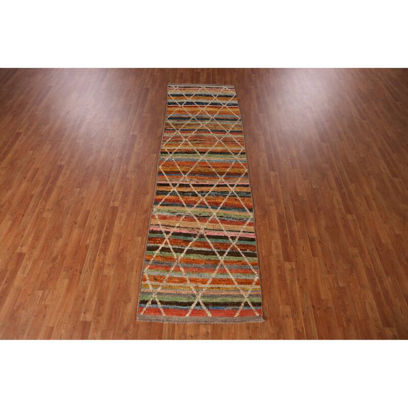 Striped Moroccan Oriental Runner Rug Handmade Wool Carpet - 3'0" x 10'2"