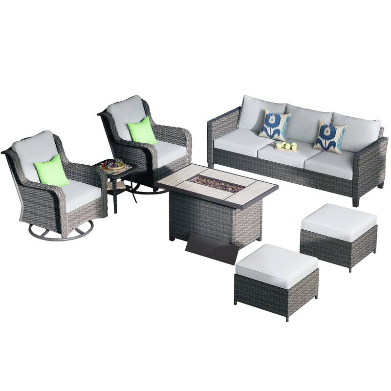 OVIOS 7-Piece Patio Swivel Chair Set with 42" Fire Table