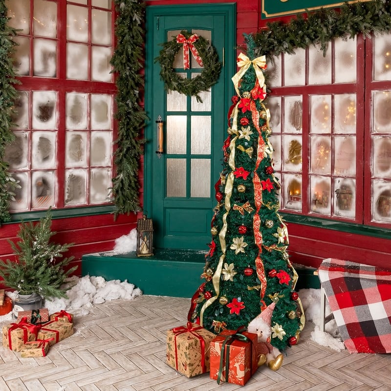 7 FT Fully Decorated Pre-lit Pop Up Artificial Xmas Tree with 200 Warm Lights Remote Control