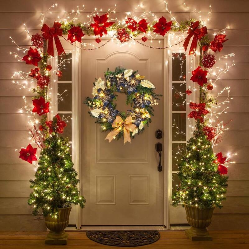 24 Inch Artificial Christmas Wreath with Blue Artificial Flowers