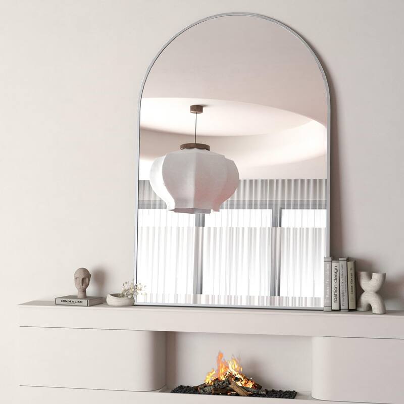 24x32 Inch Silver Metal Framed Arched Bathrrom Mirror for Wall - Silver