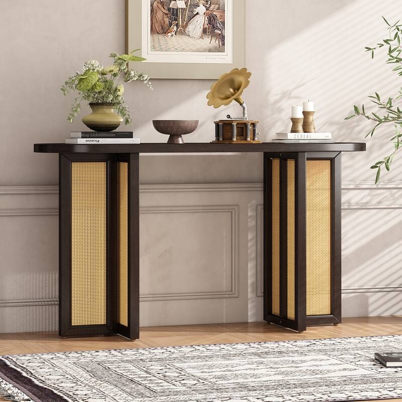 Narrow Console Table Farmhouse Rattan Entryway Table Hallway Table