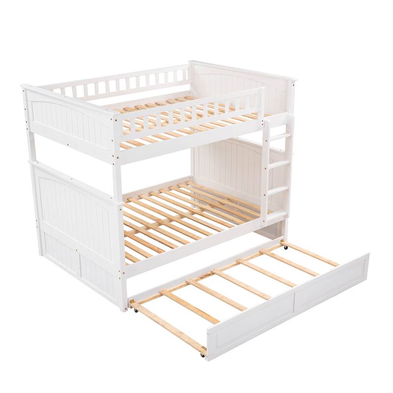 Solid Wood Full Over Full Bunk Bed with Twin Trundle, Guardrails, and Ladder