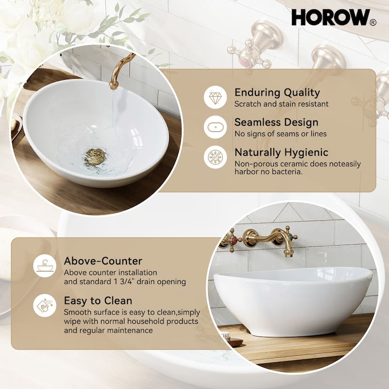 HOROW 15.75 inch White Oval Bathroom Ceramic Vessel Sink Art Basin