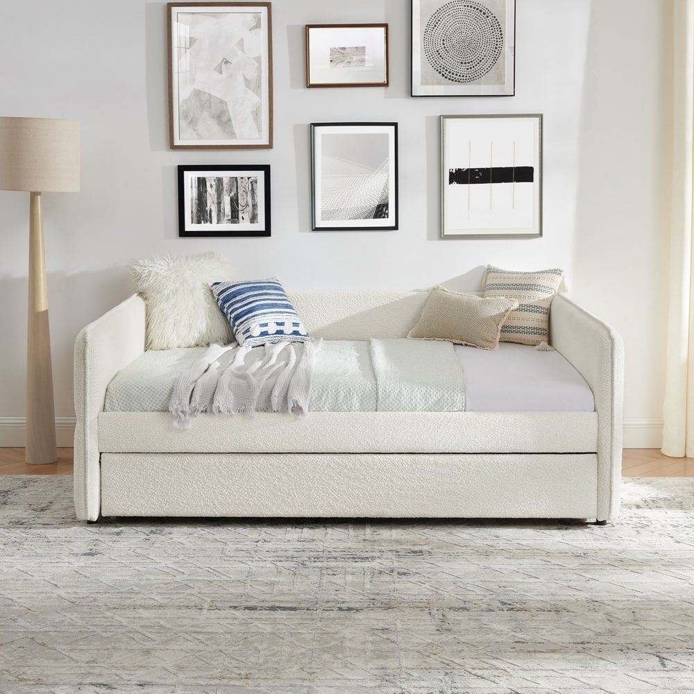 Boucle Fabric Daybed with Trundle Upholstered Tufted Sofa Bed