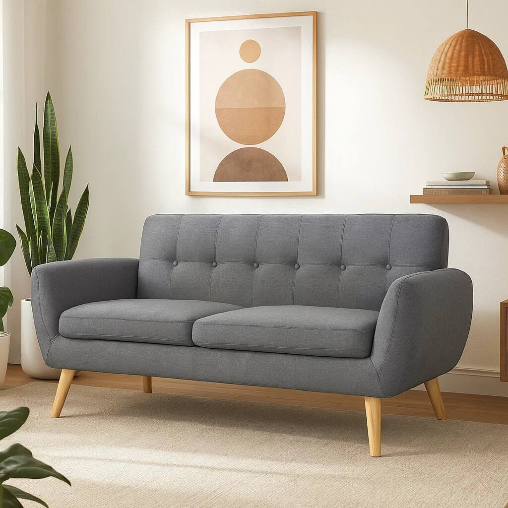 Aly Loveseat, Button Tufted Back, Dark Gray Fabric, Brown 67 Inch