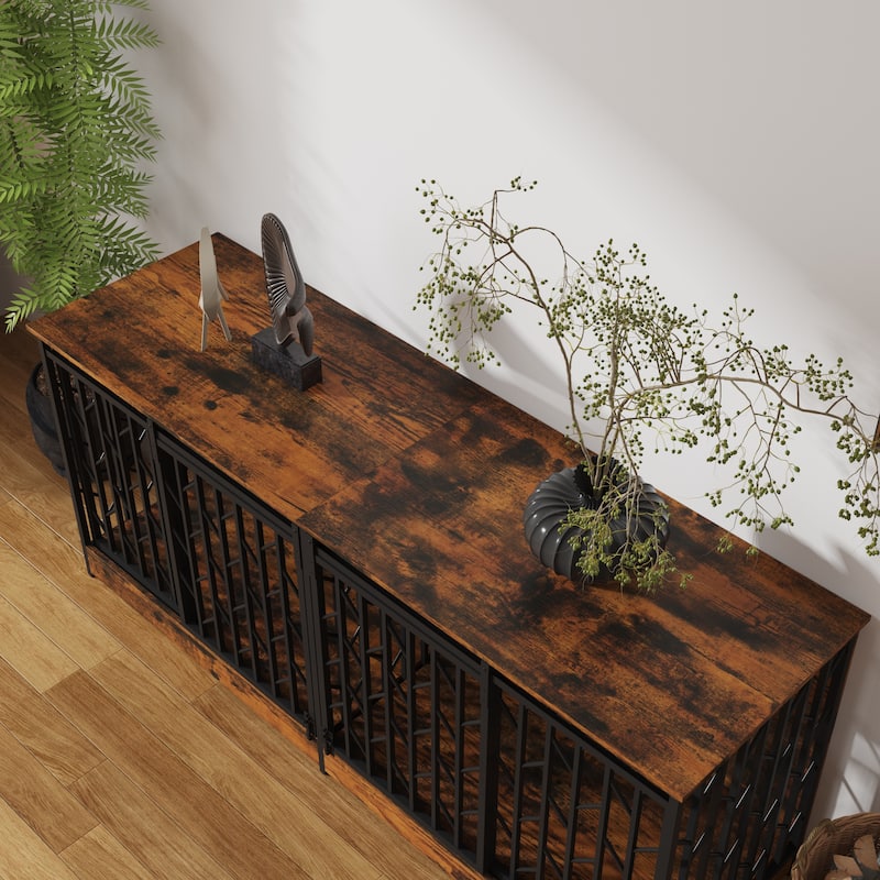 Large Double Dog Crate Furniture for Medium and Large Dogs, Rustic Industrial Dog Kennel End Table