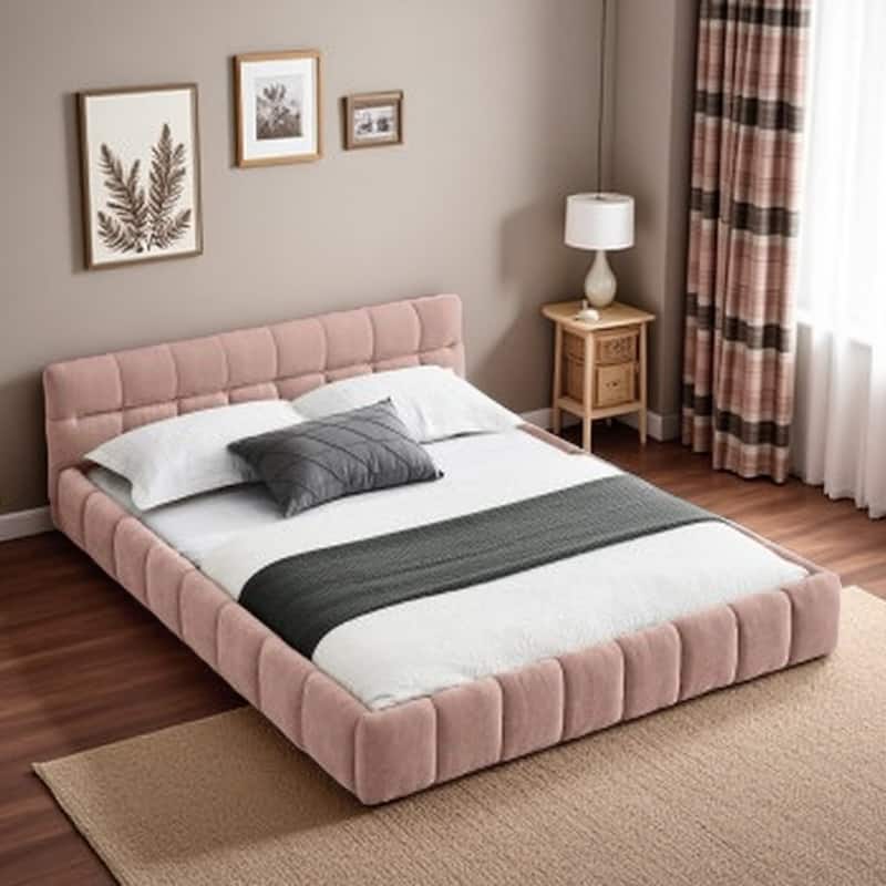 Modern Queen Platform Bed with Thick Chenille Upholstery, Low Profile Grounded Design with Soft Headboard, Sturdy Frame - Pink