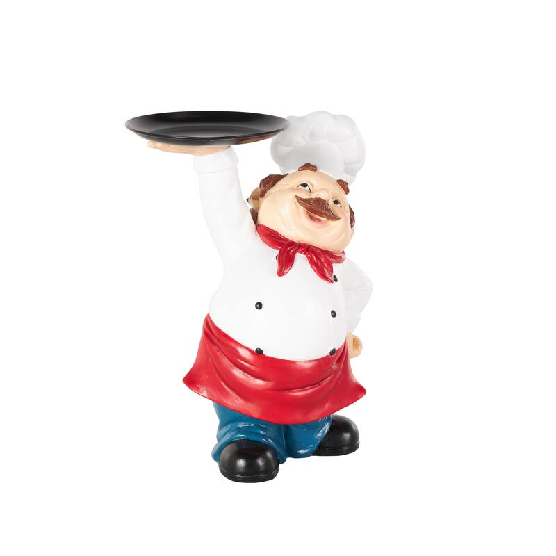 White Polystone Kitchen Decorative Figurine Chef Decorative Sculpture with Black Tray