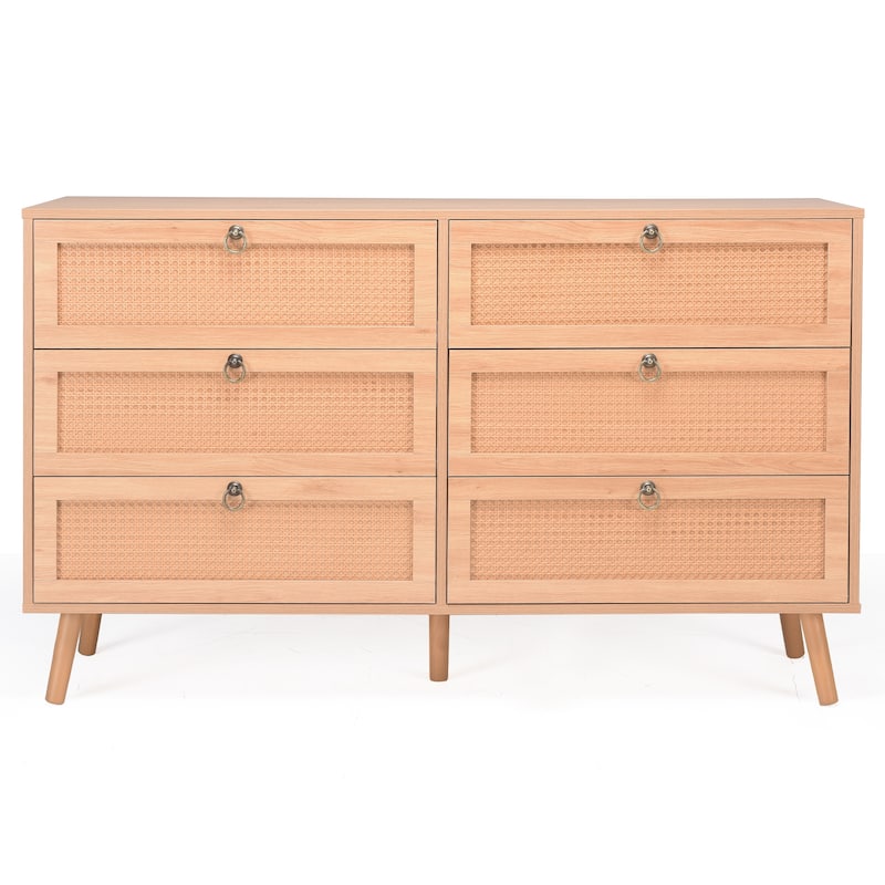 PE Rattan Double Dresser with 6 Drawers, Chest of Drawers Bedroom Storage Organizer