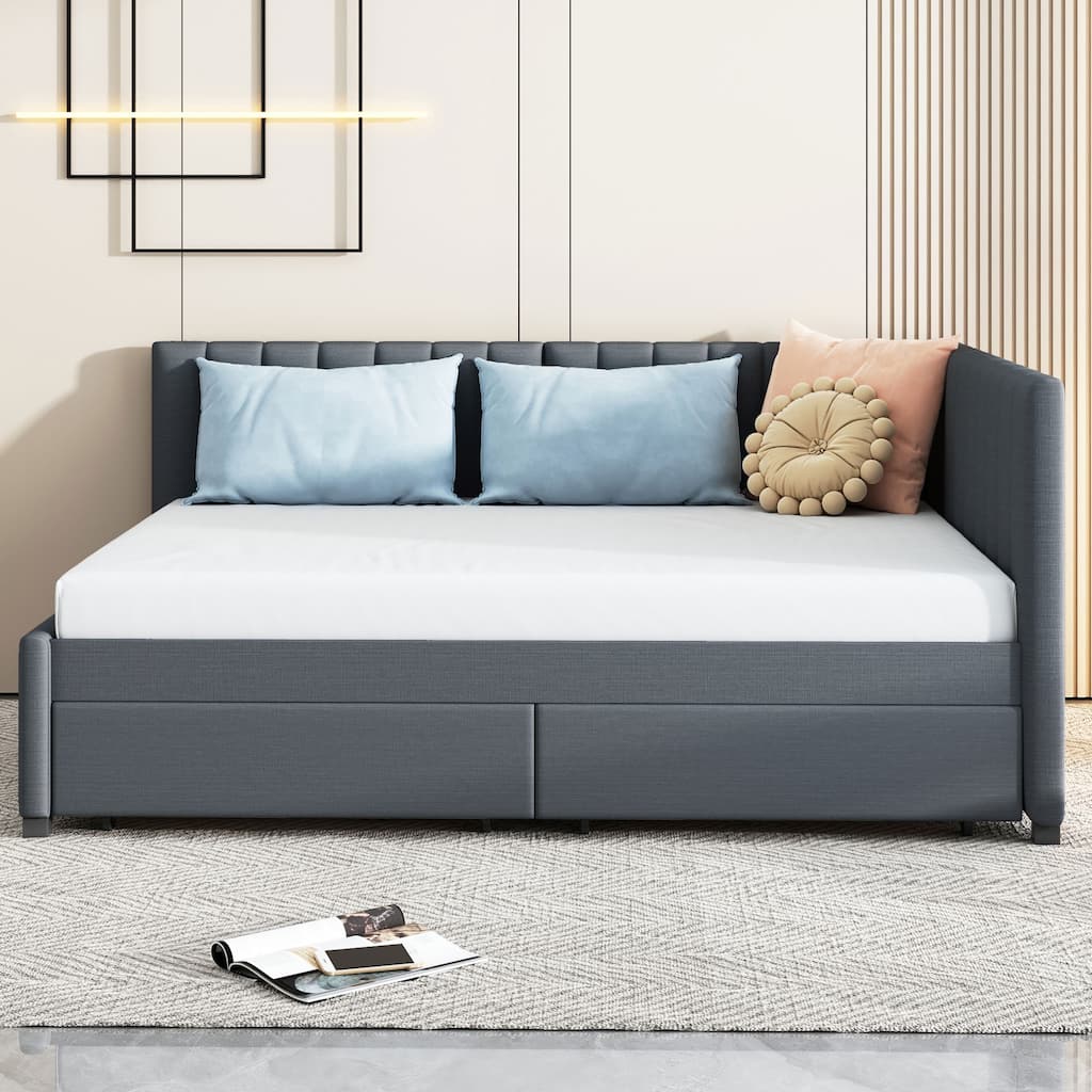L-Shaped Backrest Daybed Upholstered Daybed Frame Classic Wood Slats Design with 2 Storage Drawers - Full Size - Grey