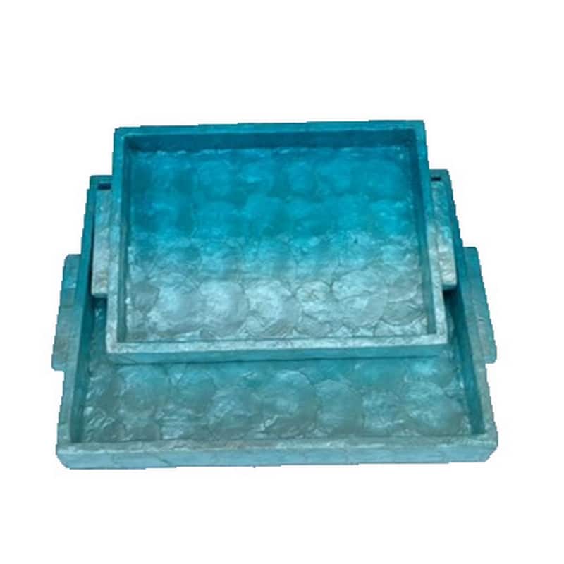 Decorative Tray Set of 2, 18 Inch Rectangular Ombre Blue Capiz Details