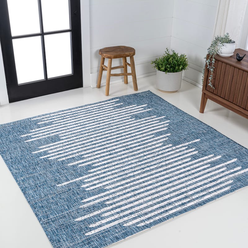 JONATHAN Y Colonia Berber Stripe Geometric Indoor/Outdoor Area Rug - 5' Square - Blue/Ivory
