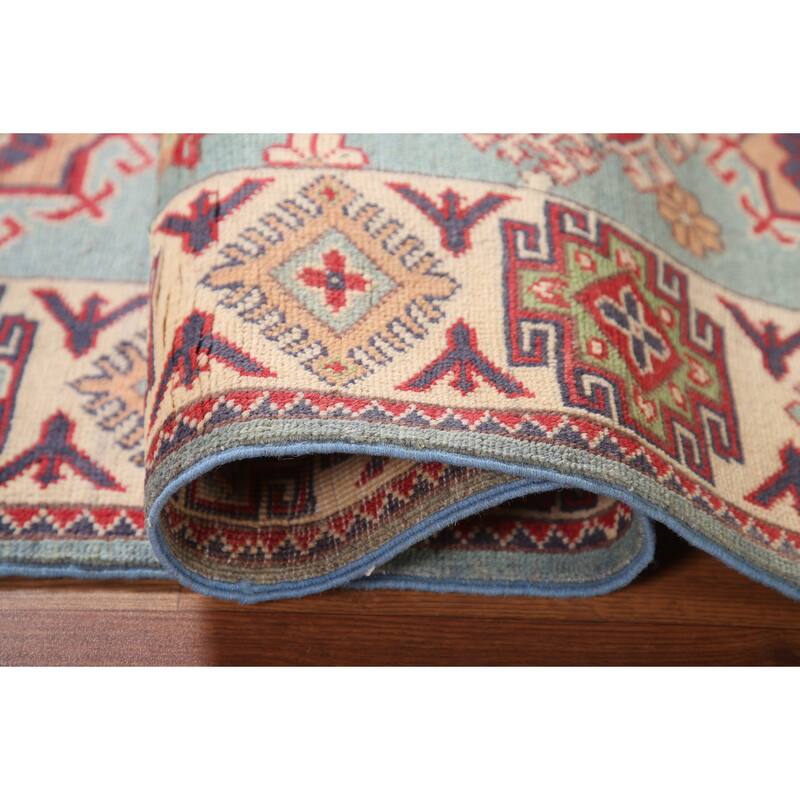 Geometric Blue Kazak Area Rug Handmade Wool Carpet - 4'11" x 5'11"