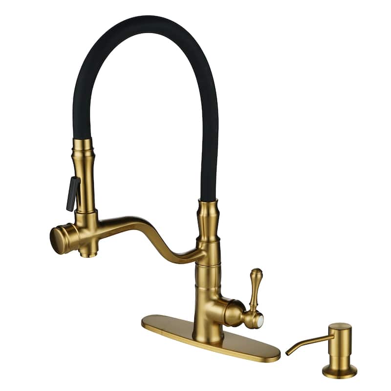 WOWOW Single-Handle Pull Down Kitchen Faucet with Soap Dispenser - Gold