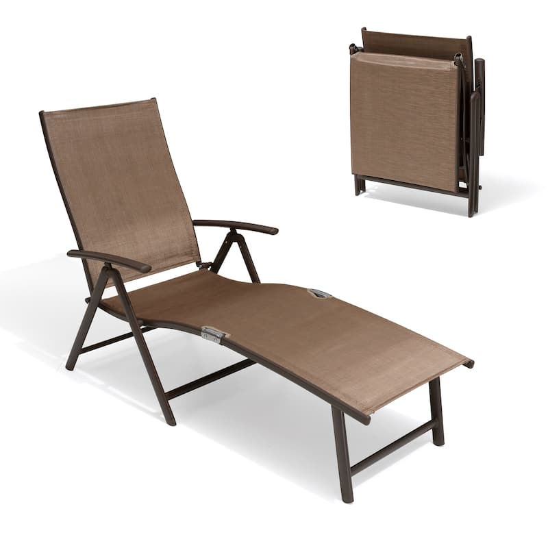 Outdoor Adjustable Aluminum Patio Folding Chaise Lounge Chair - Brown