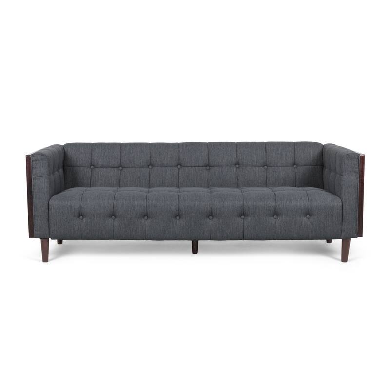Modern Contemporary Botton Tufted 3-Seater Sofa with Square Arms - Charcoal
