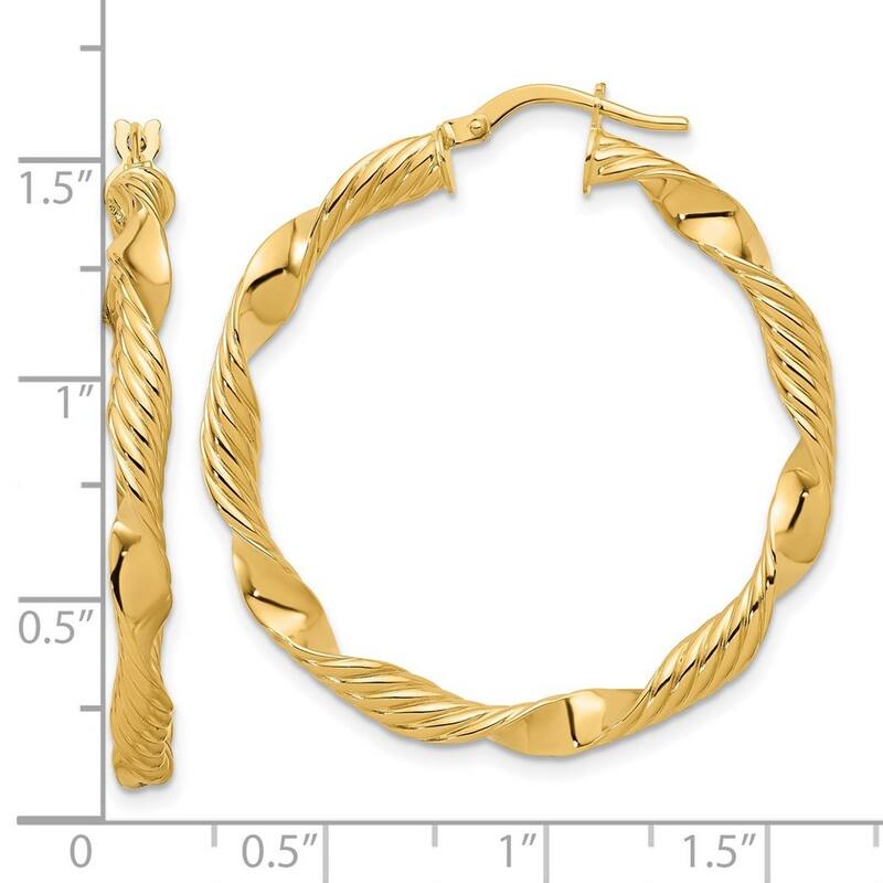 Curata 14k Yellow Gold Polished and Textured Round Hoop Earrings - 37.54x37.7mm