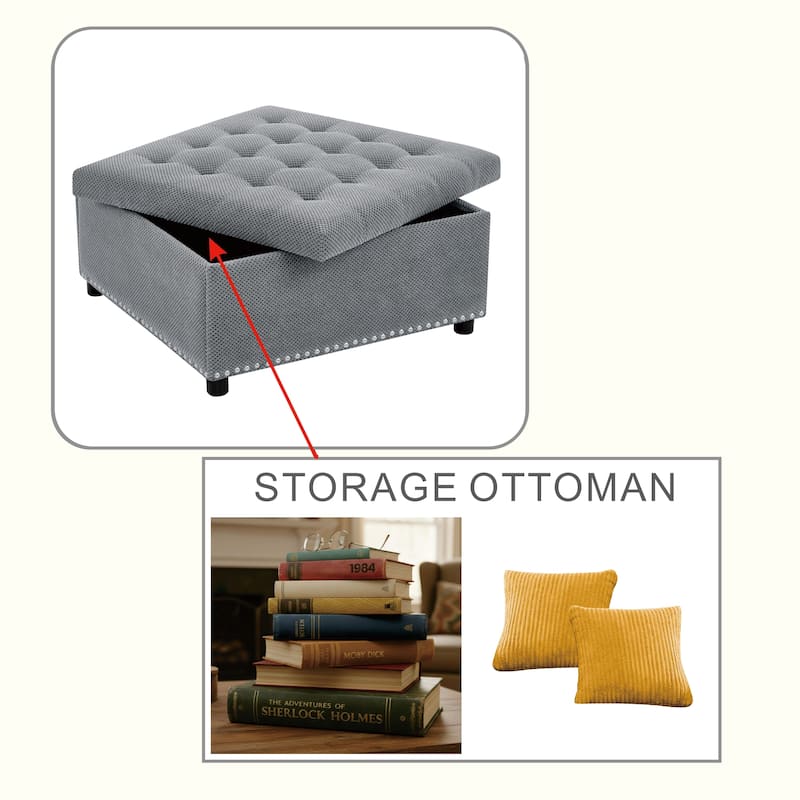 Square Tufted Upholstered Storage Ottoman with Nailhead Trim