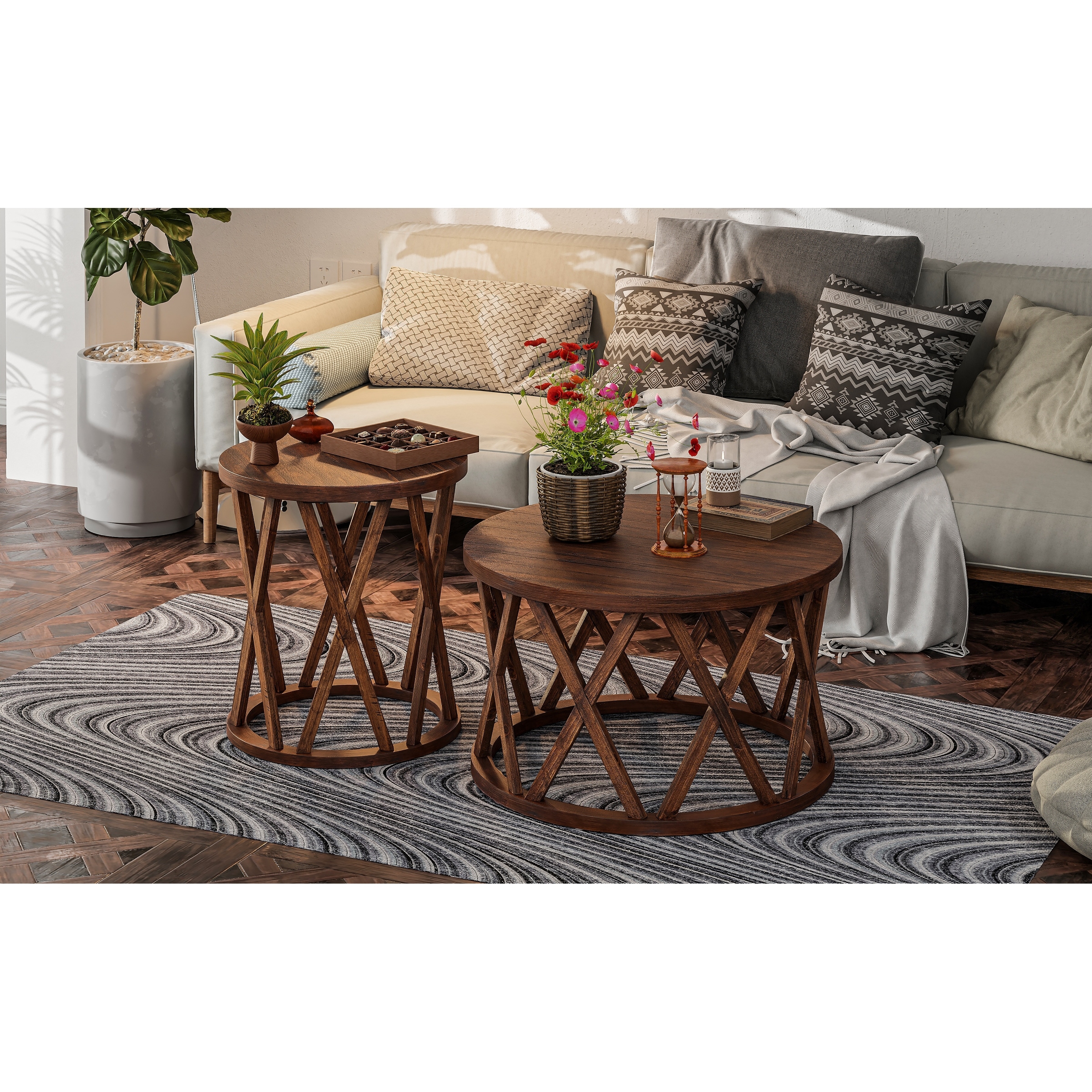 COZAYH Rustic Farmhouse Coffee Table, Distressed Wood Top Table with Curved Motif Frame Base for Boho, French Country Decor, Round, Natural, Beige
