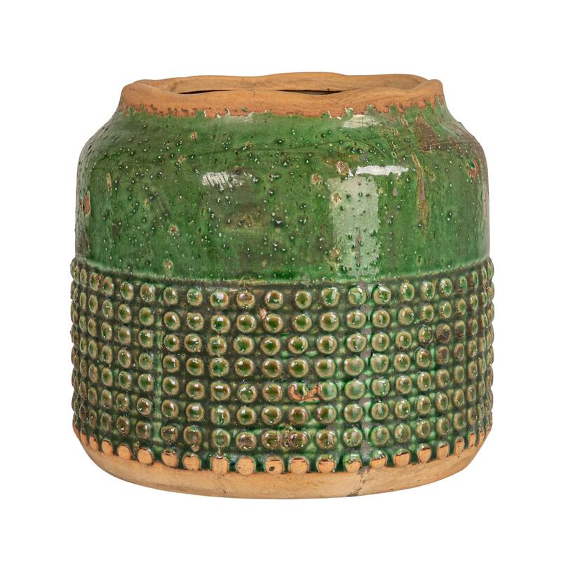Round Terra-cotta Hobnail Planter Vase with Heavily Distressed Finish